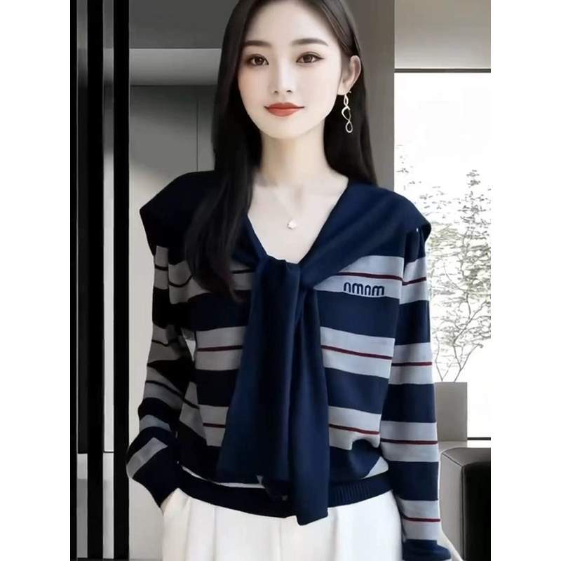 大码V领披肩两件套针织衫女秋冬设计感撞色条纹毛衣开衫显瘦上衣