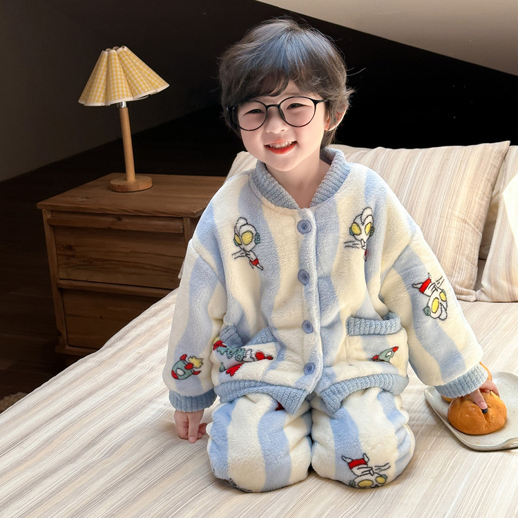 奥特曼男童珊瑚绒睡衣冬季儿童法兰绒加绒加厚男孩宝宝保暖家居服
