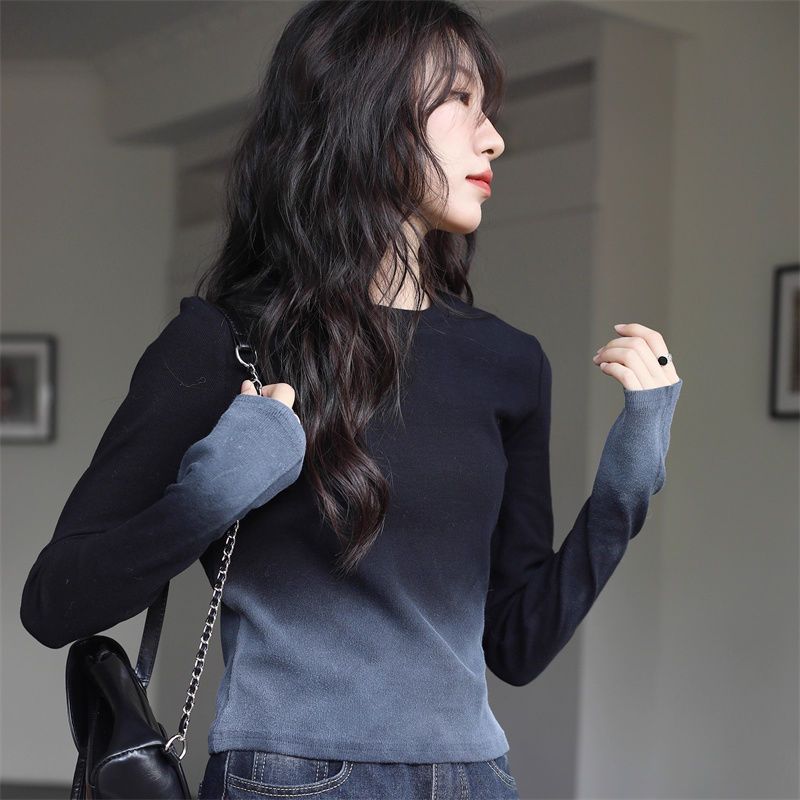 25小众设计感渐变长袖恤女2025早春秋新款修身紧身内搭打底衫25