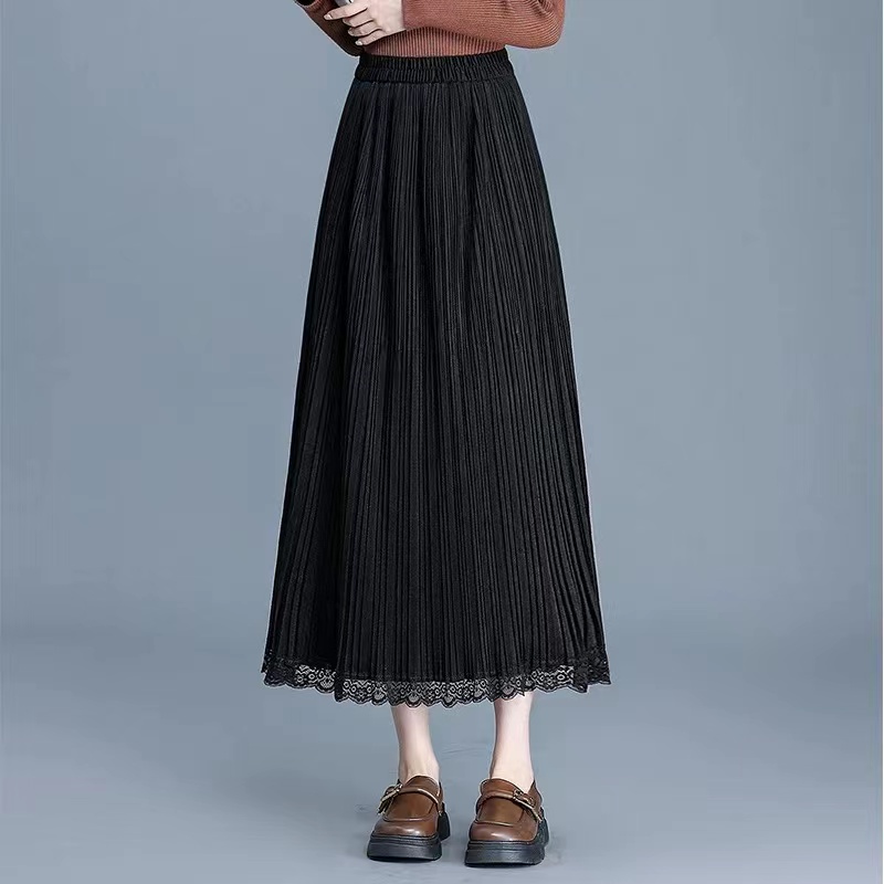 蕾丝花边细褶半身裙2025秋冬新款中长款大摆a字裙垂感丝绒百褶裙