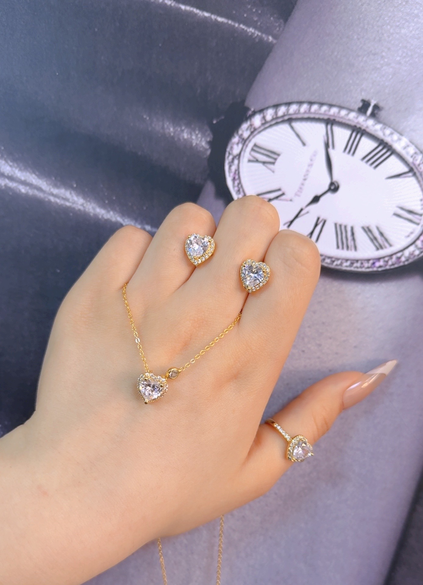 钛钢项链 D&K钛钢防钻心形圆形一套三件套气质锁骨链轻奢百搭小众