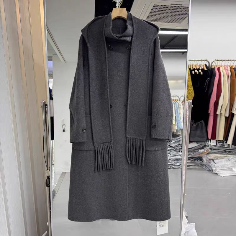 韩系脱卸帽长款双面羊绒大衣外套2025年秋冬新款流行女装羊毛休闲