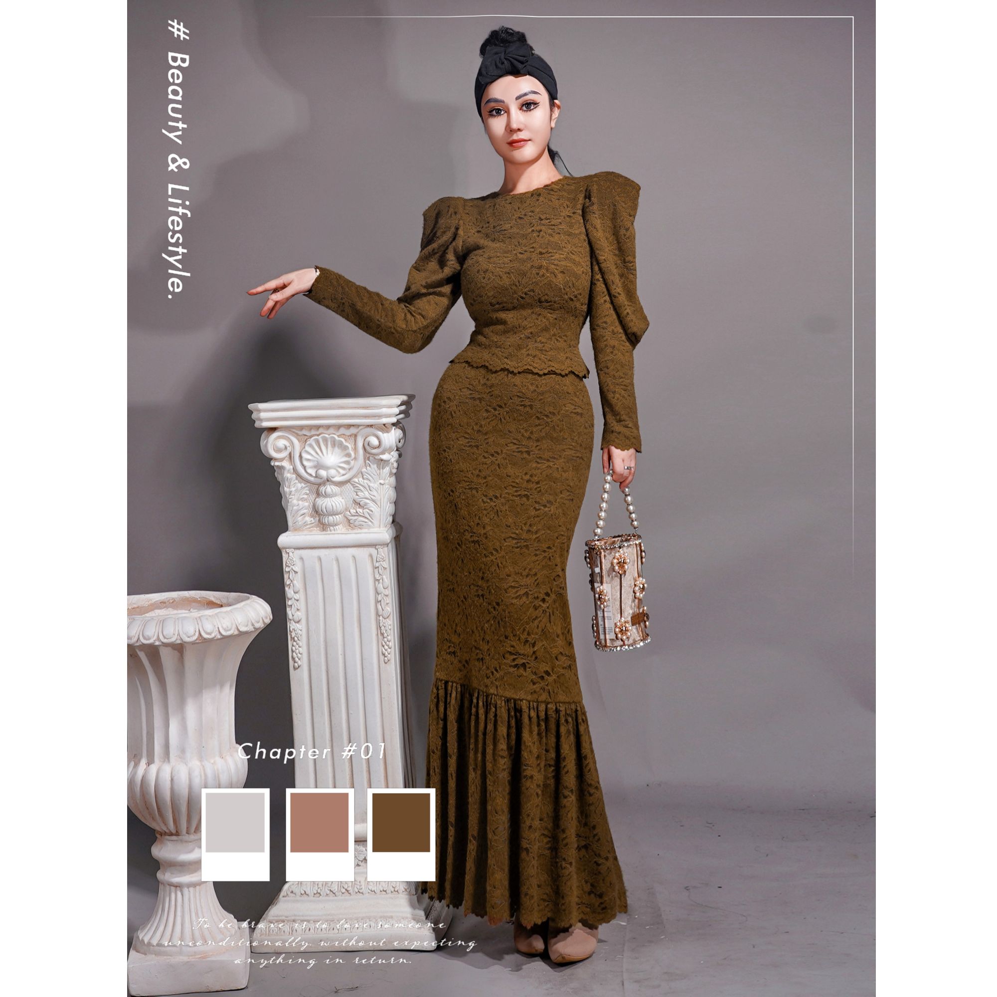 【星姐推荐】星原创高级定制【刻画优雅】设计师秋冬抓毛蕾丝修身套装