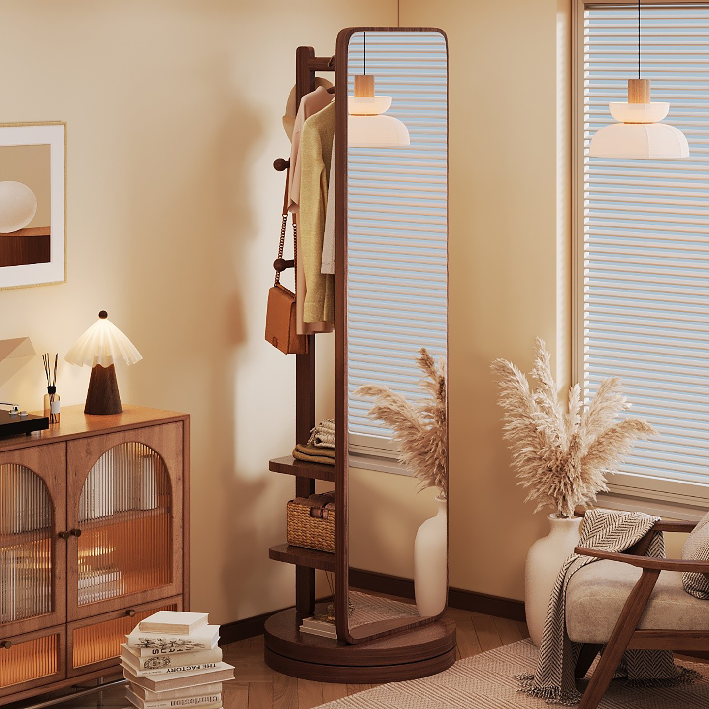 全身镜复古落地镜家用衣帽一体穿衣镜可旋转移动女生卧室试衣镜子