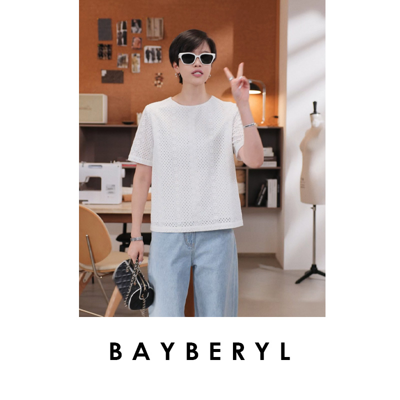 CC10-BAYBERYL老贝小白花*镂空绣花南法棉圆领短袖上衣NCY5G0303
