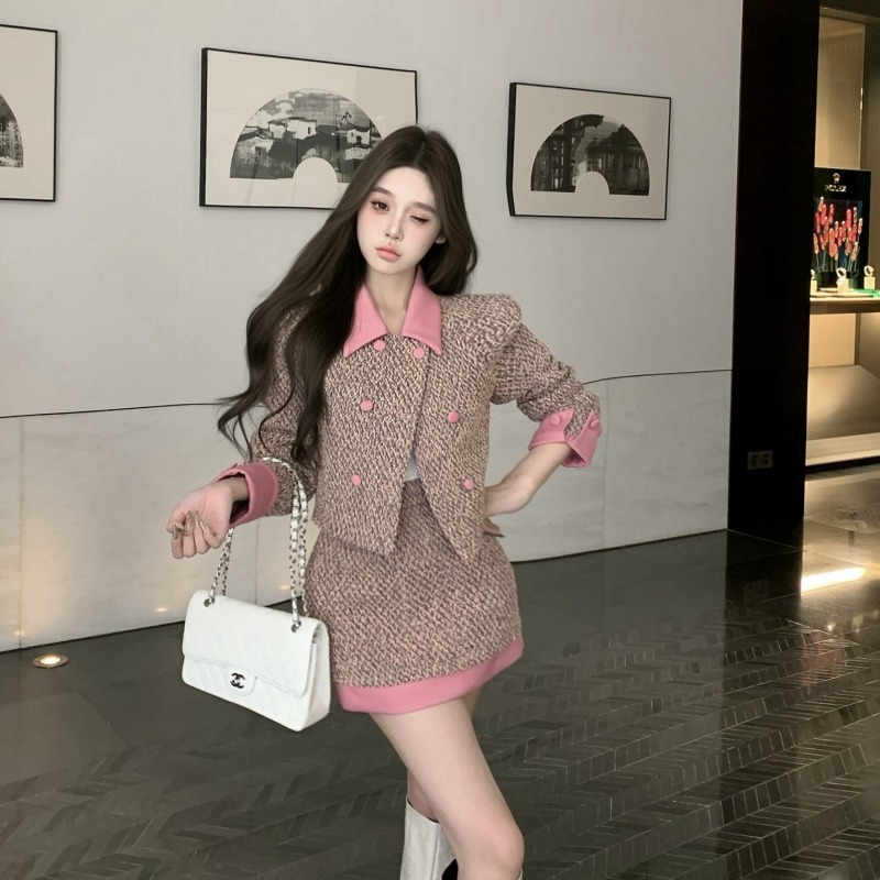 高级感气质甜美翻领减龄小香风外套上衣女秋冬新款显瘦长短款半裙