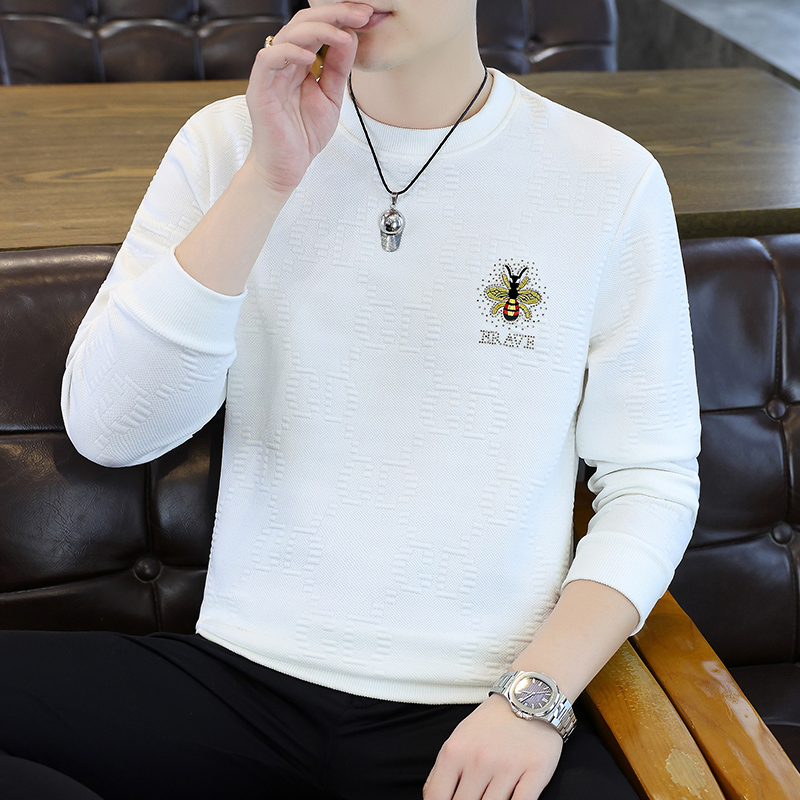 皕豹百搭套头男士长袖男装提花休闲圆领略微宽松重工刺绣修身卫衣