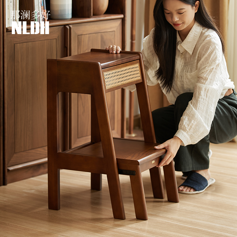 那澜多好中古风折叠双层梯凳带抽屉储物收纳梯多功能椅登高置物梯