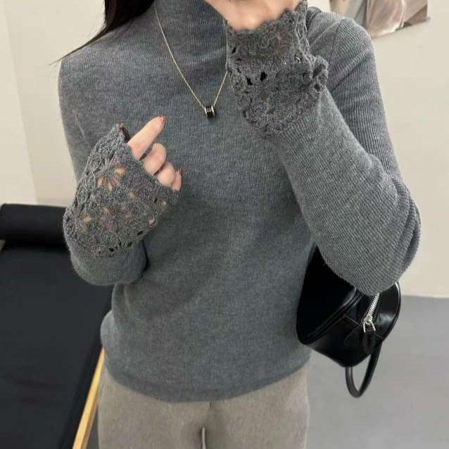 新款秋冬羊毛新中式钩花蕾丝拼接高领打底针织衫纯色镂空上衣