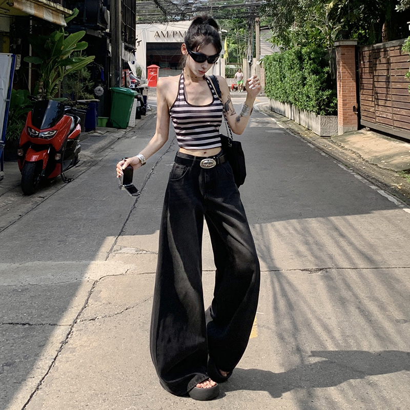 黑灰色百搭宽松直筒牛仔裤女秋冬新款美式复古高腰垂感阔腿裤