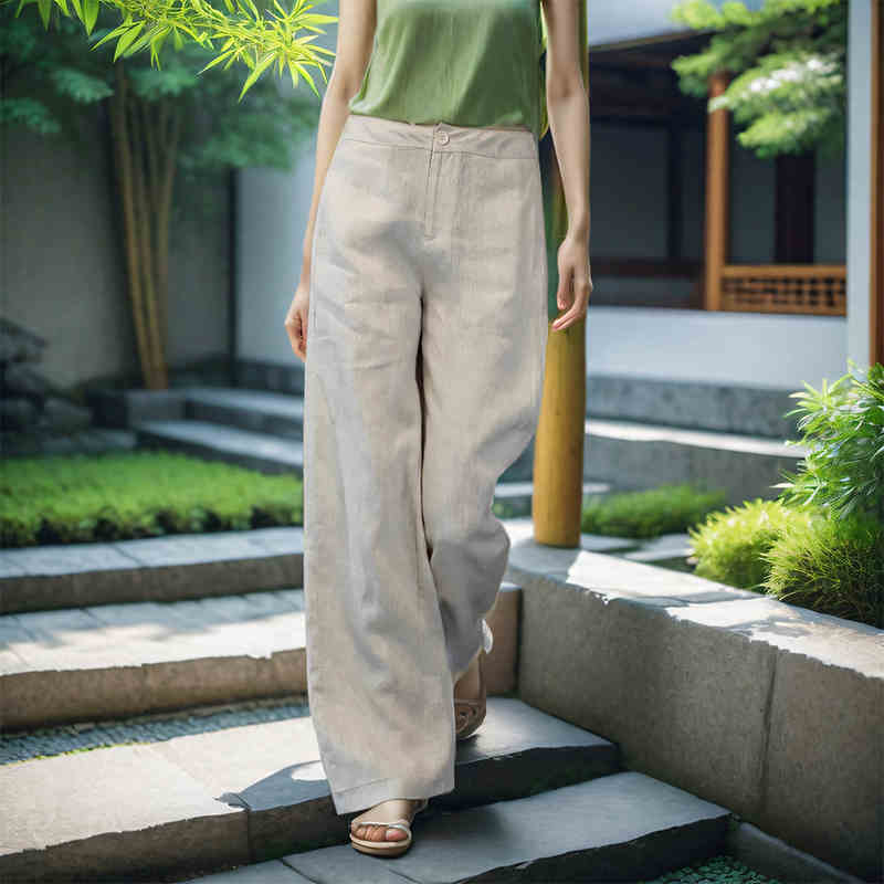 法国高档100%纯亚麻阔腿裤女2025年春夏薄款透气直筒棉麻高腰长裤