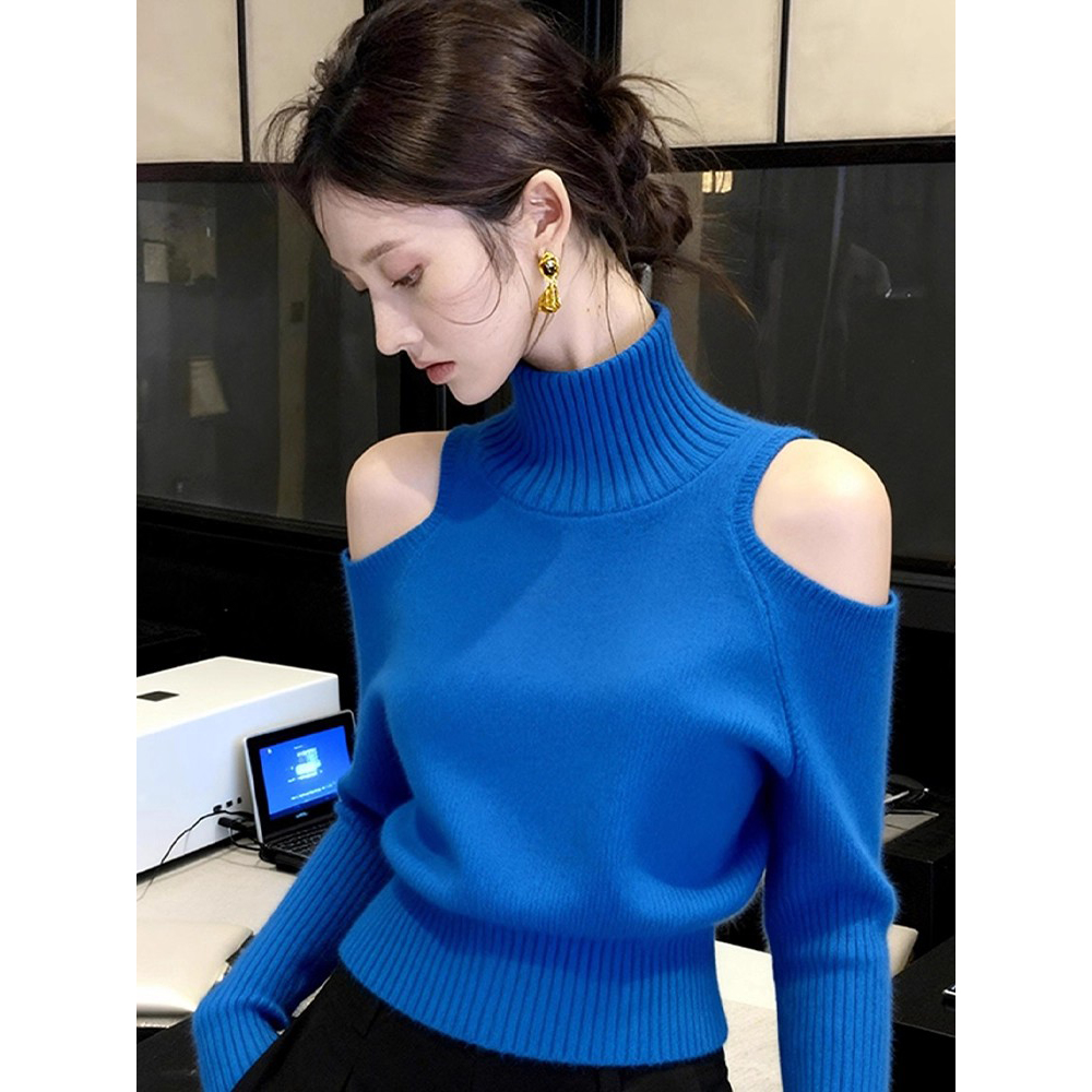 蓝色露肩高领毛衣女秋冬慵懒高级感上衣独特超好看洋气针织打底衫
