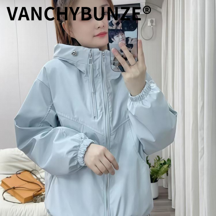 BUNZE连帽短款双拉链设计感冲锋衣外套女春款爆款小个子休闲上衣
