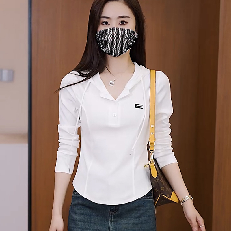 秋季新款女士时尚短款上衣小个子显高显瘦白色长袖连帽卫衣T恤女