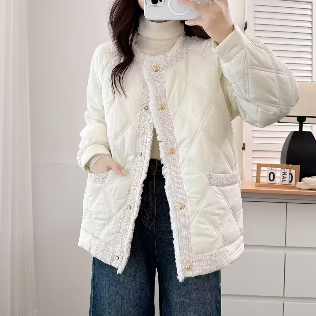 大码短款宽松保暖小香风棉衣棉服胖MM大码绗缝棉服女女装953