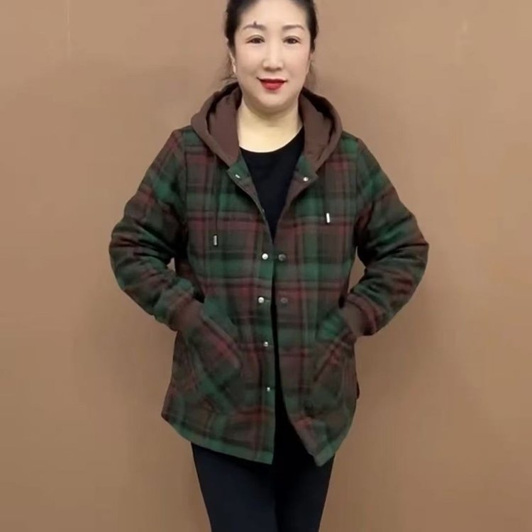 2025时尚宽松大码新款妈妈保暖外套连帽棉服格子棉衣休闲减龄显瘦