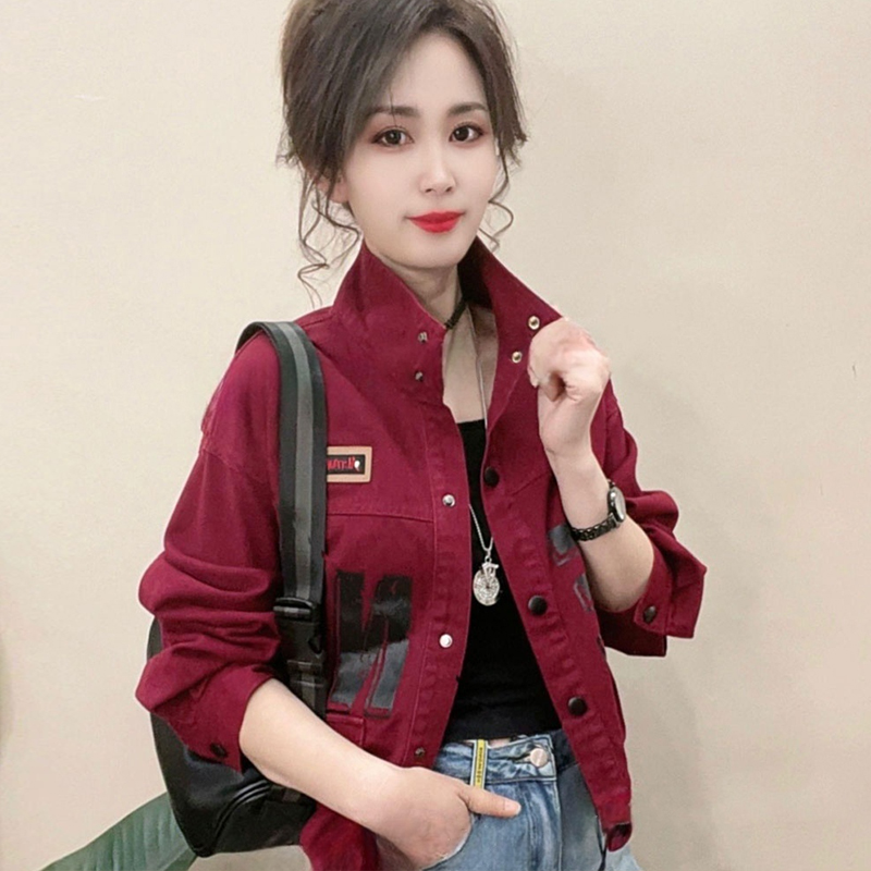 纯棉时尚立领牛仔短外套女2025春秋新款韩版洋气字母短款夹克上衣