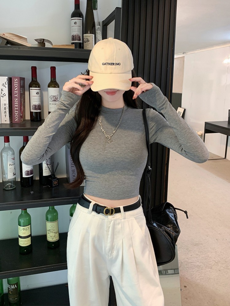 美式辣妹小个子高腰短款纯色圆领紧身长袖T恤女正肩修身打底上衣