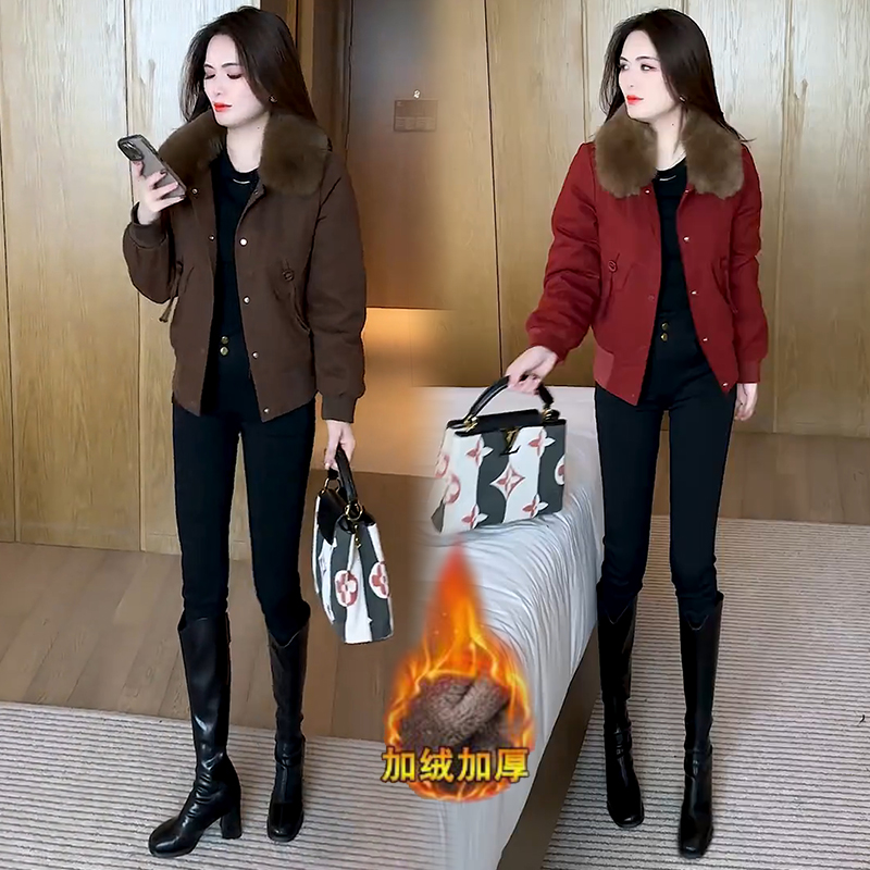 加绒加厚棉服女2025秋冬新款洋气小个子短款休闲带毛领短款外套