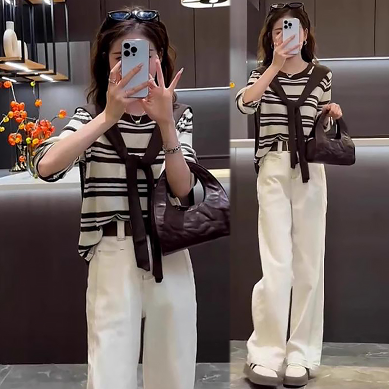 2025早秋穿搭一整套时尚条纹披肩针织衫休闲裤小个子显瘦时尚套装