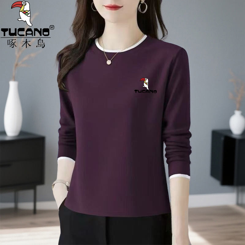 啄木鸟纯棉长袖T恤女士秋冬韩版休闲百搭宽松显瘦薄款打底衫上衣