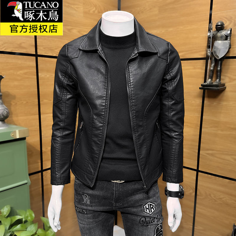 啄木鸟2025新款男士商务皮衣修身上衣机车服男高档皮夹克行政上衣