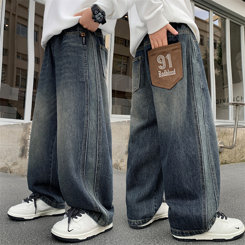 男童裤子春秋款2025新款时尚百搭牛仔裤中大童直筒阔腿裤秋季长裤