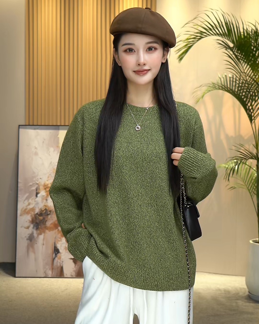 【Y&Q】冬季新款保暖宽松简约显瘦圆领毛衣休闲百搭花纱羊毛针织衫