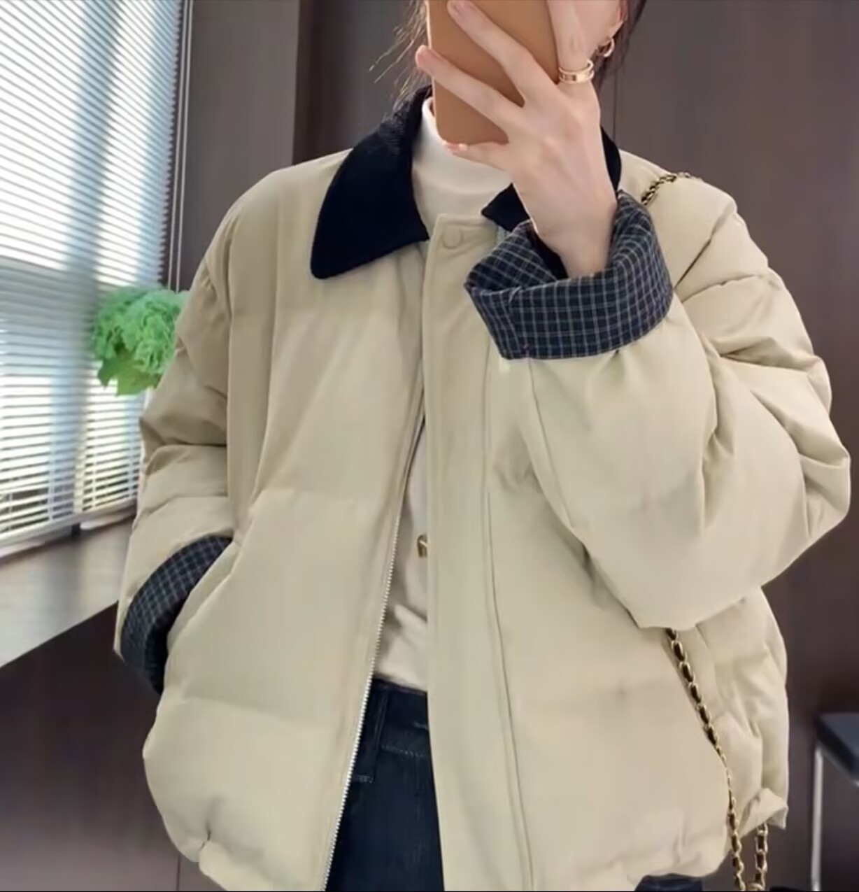休闲加厚拼接翻领棉衣外套女2025冬季新款时尚宽松保暖减龄棉服潮