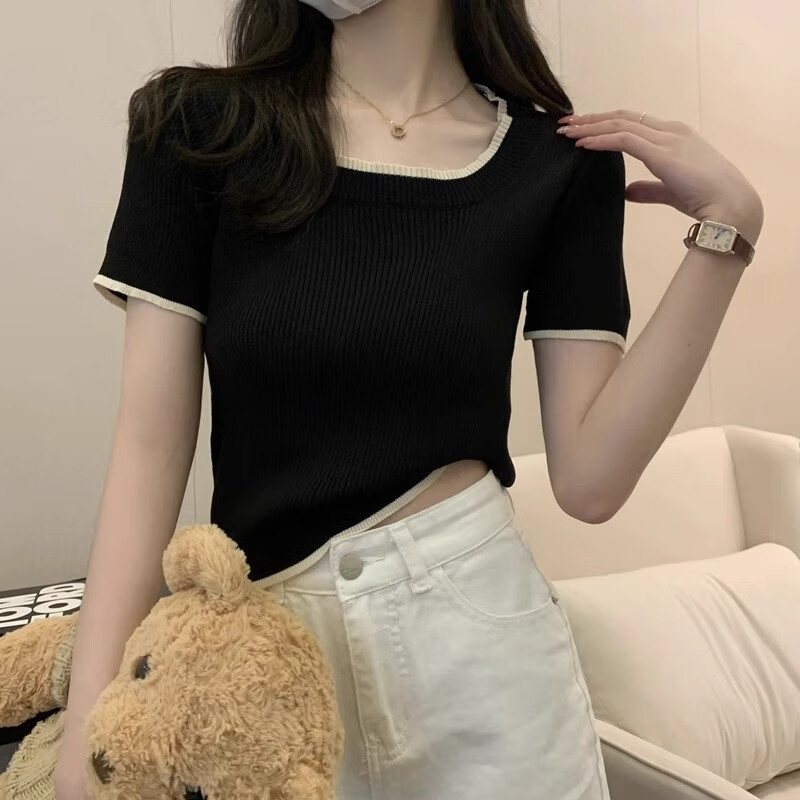 方领锁骨正肩短袖t恤女2025夏季针织冰丝体恤小个子修身短款上衣