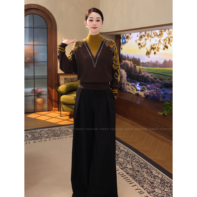 2025秋冬爆款【ZM-1023JR】含绵羊毛法式慵懒风撞色黄色针织毛衣