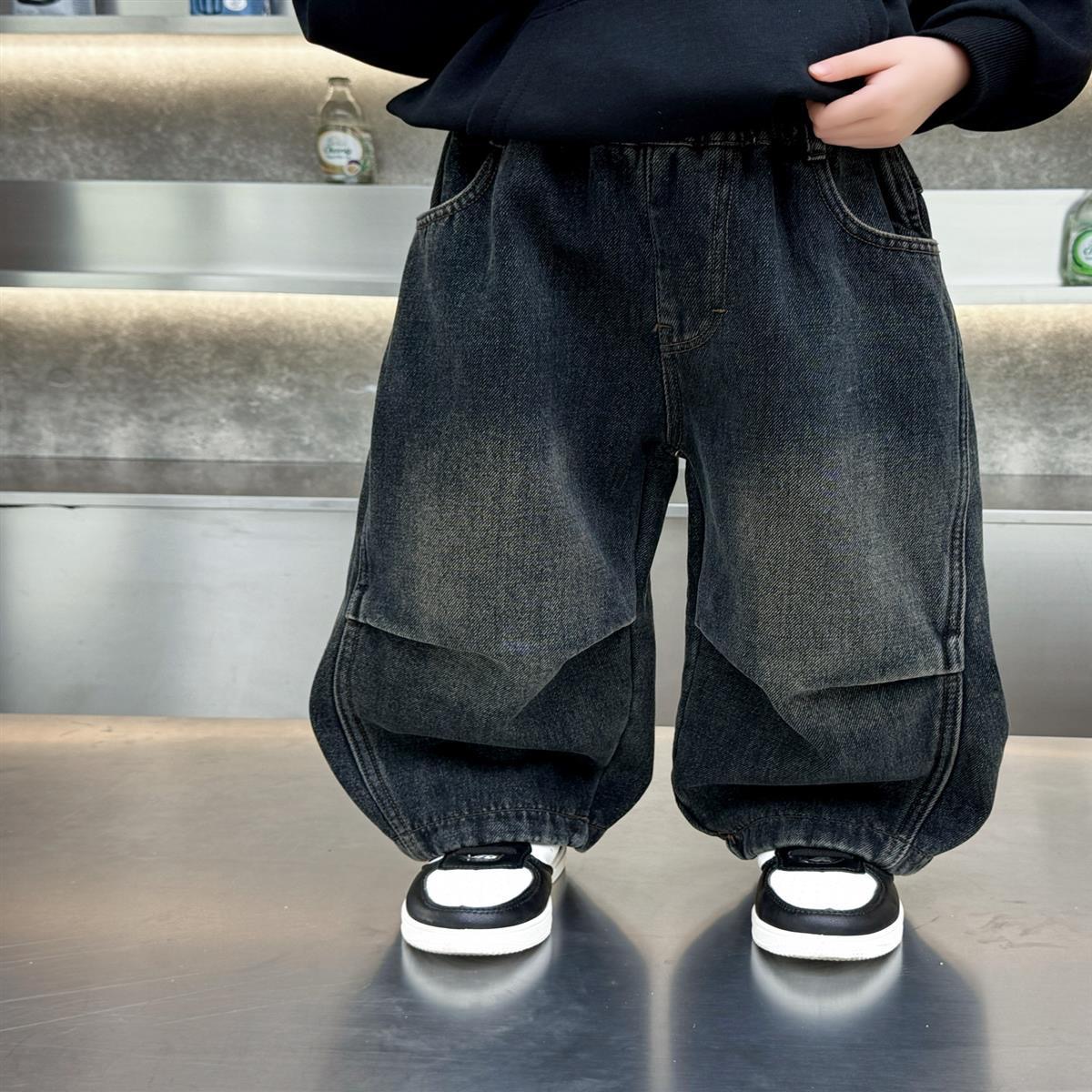 儿童加绒牛仔裤男童秋冬装一体绒裤子2025新款男孩冬季加厚弯刀裤