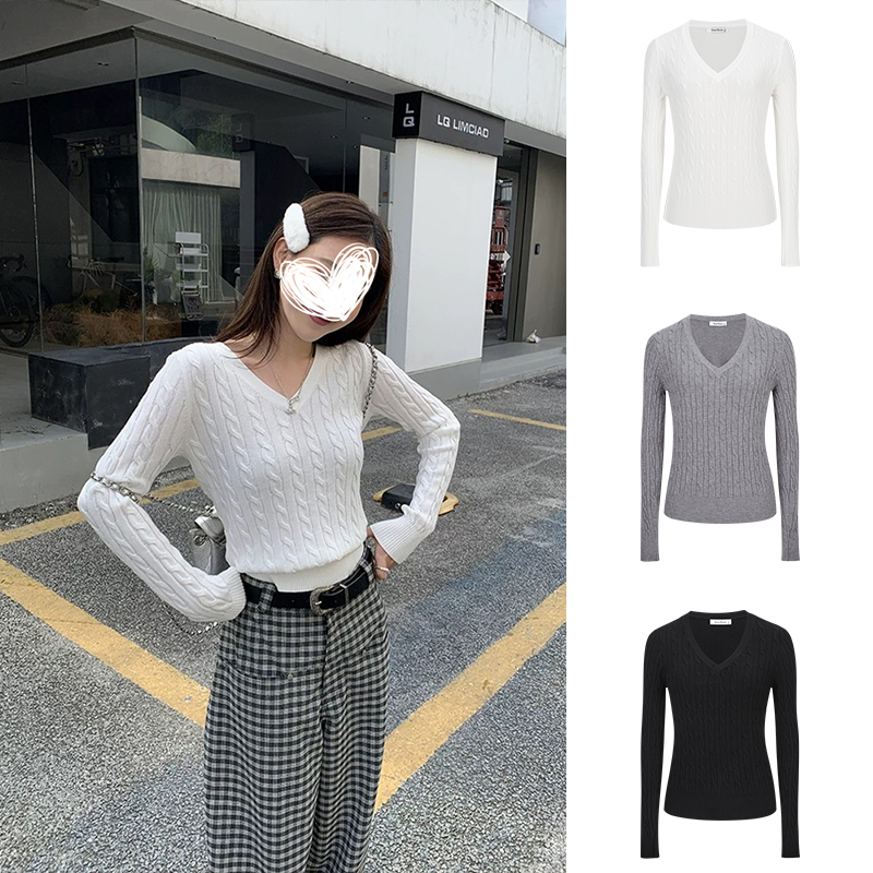 【运补6-8米】魔西女王纯色V领学院风长袖麻花毛衣秋修身针织上衣