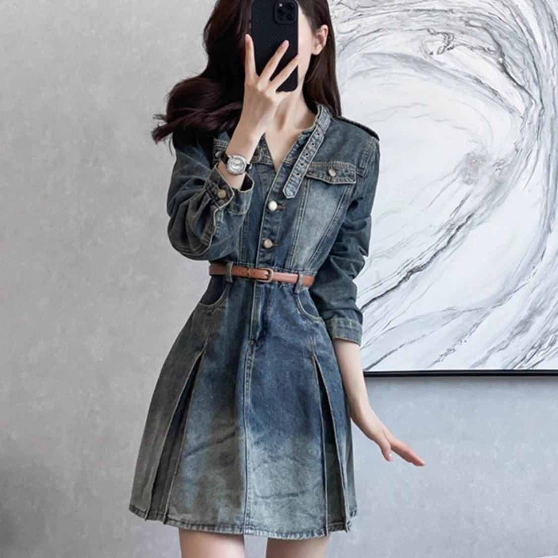 连衣裙显瘦长袖牛仔复古收腰秋季裙子春秋气质小个子时尚韩版设计