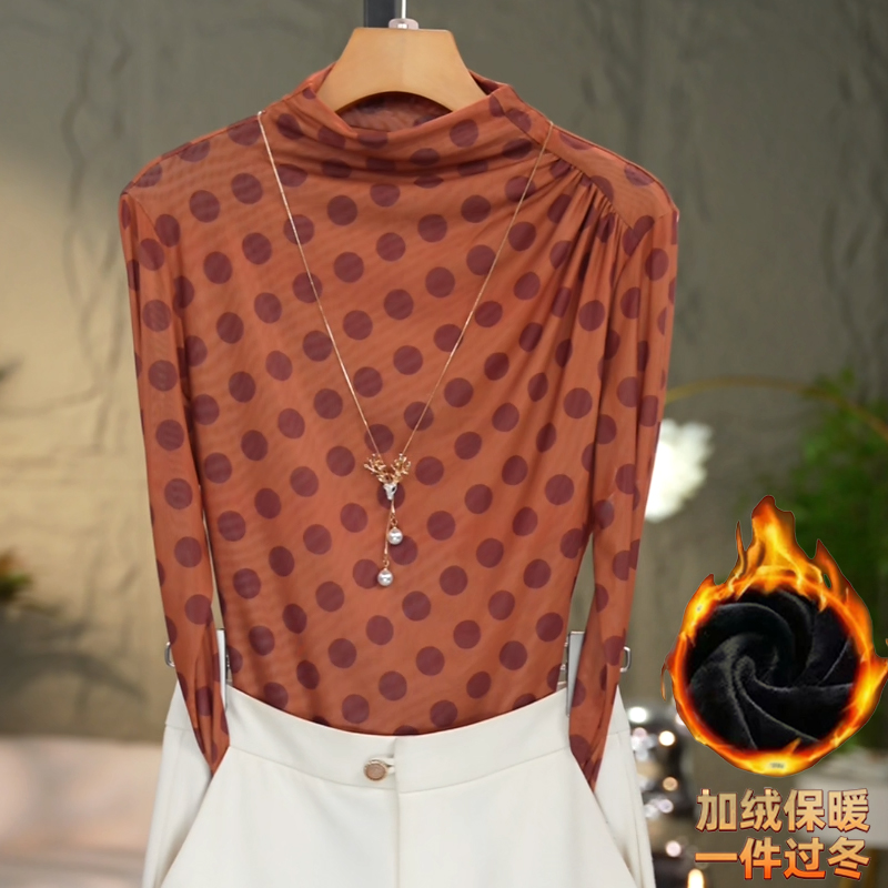 706#2025秋冬洋气高贵半高领打底衫时尚百搭网纱长袖修身显瘦T恤