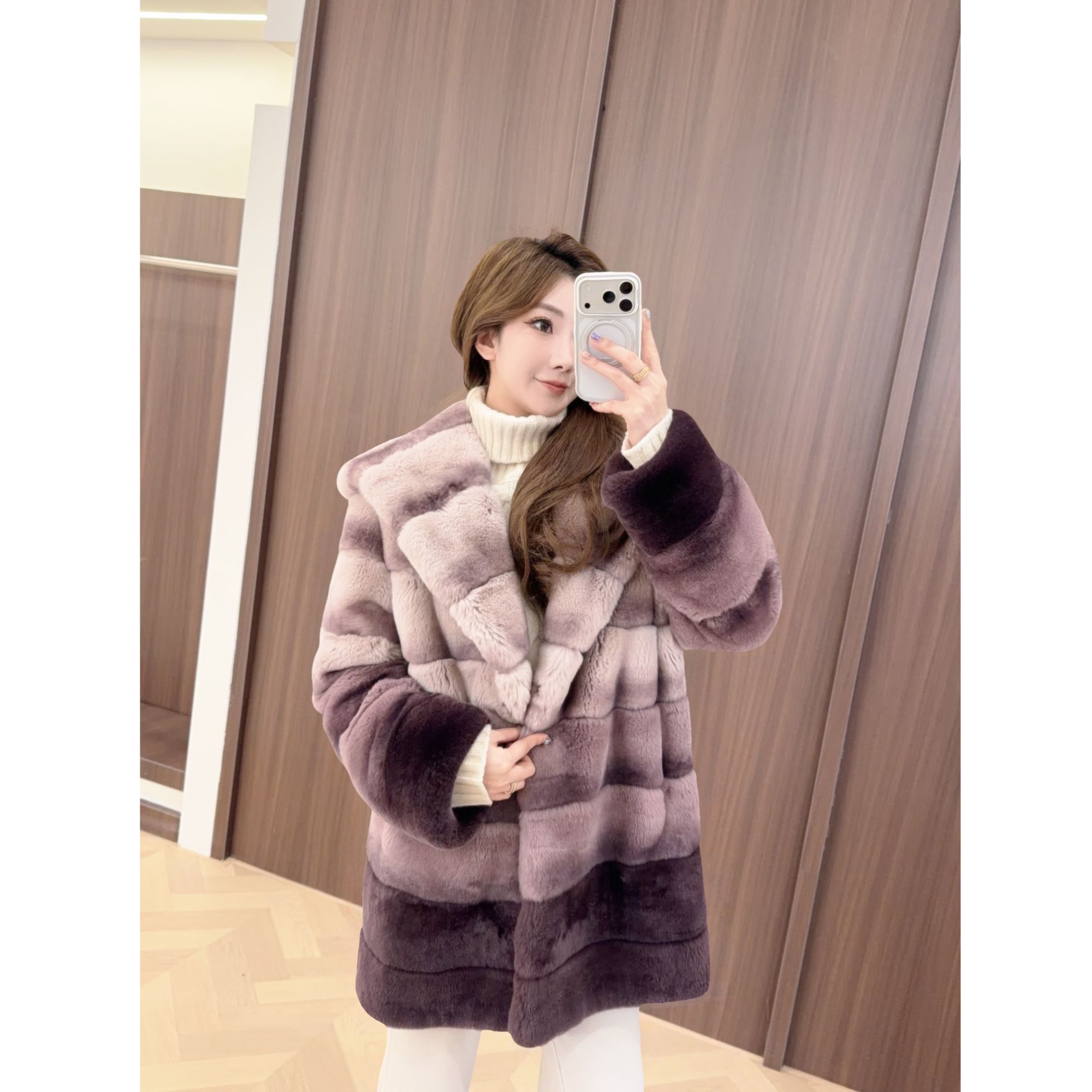 QIXIAOYAO.皮草青紫蓝兔皮毛一体皮草连帽外套#YTSDK24185