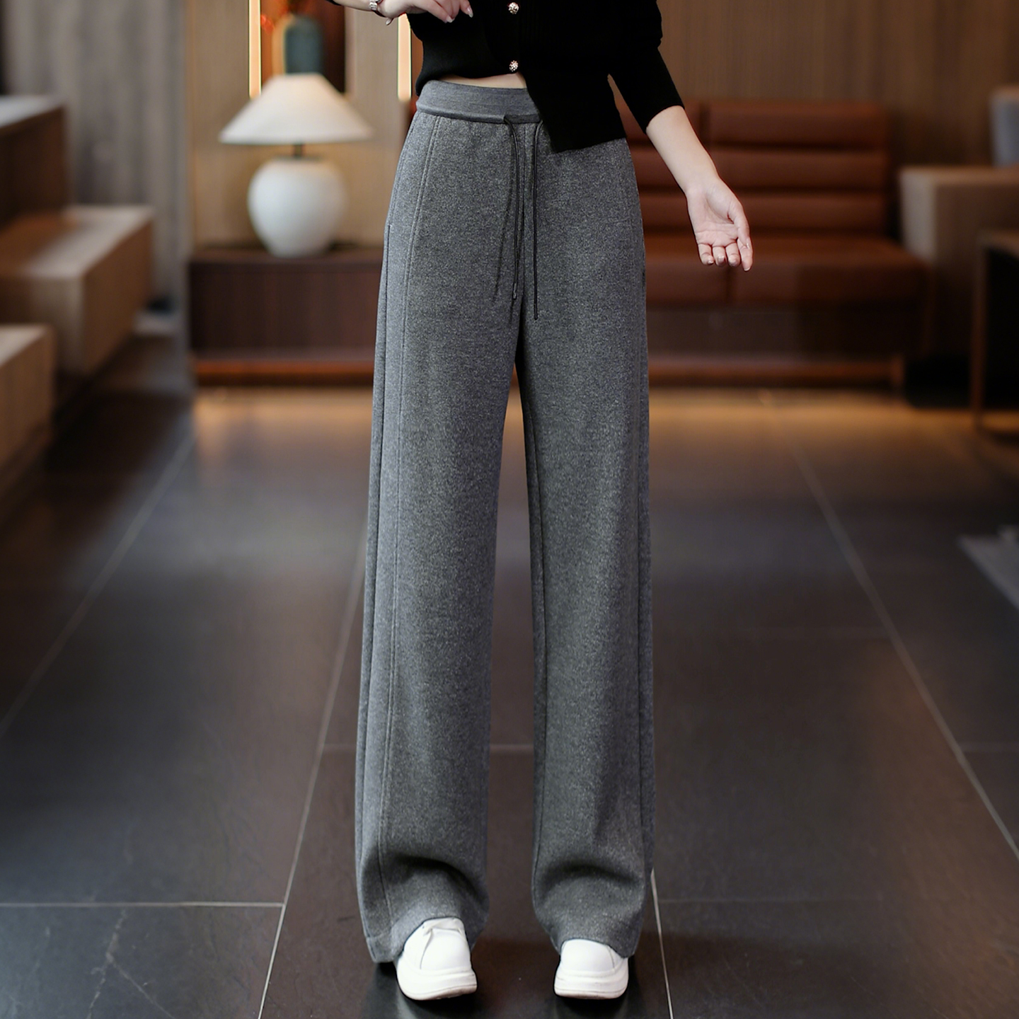 【艾家】休闲裤2025冬季新品糯米呢长裤修身直筒裤高腰运动加绒保暖