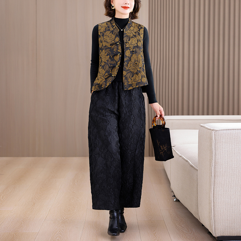 欧洲站秋季新款休闲百搭花苞阔腿裤中式套装女时尚洋气马甲两件套