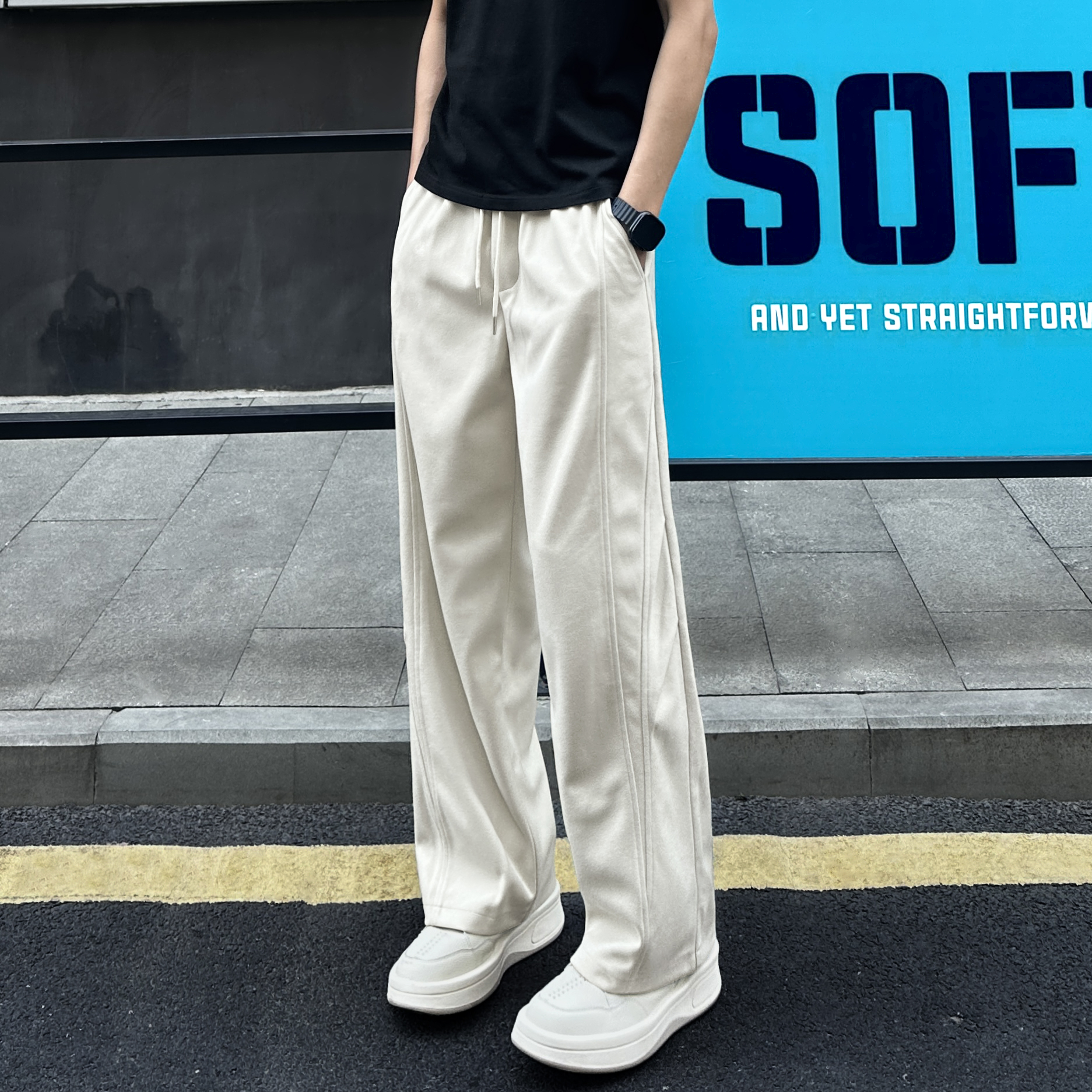 QUALCOMM美式复古褶皱设计呢料休闲裤男秋冬新款潮流百搭直筒裤