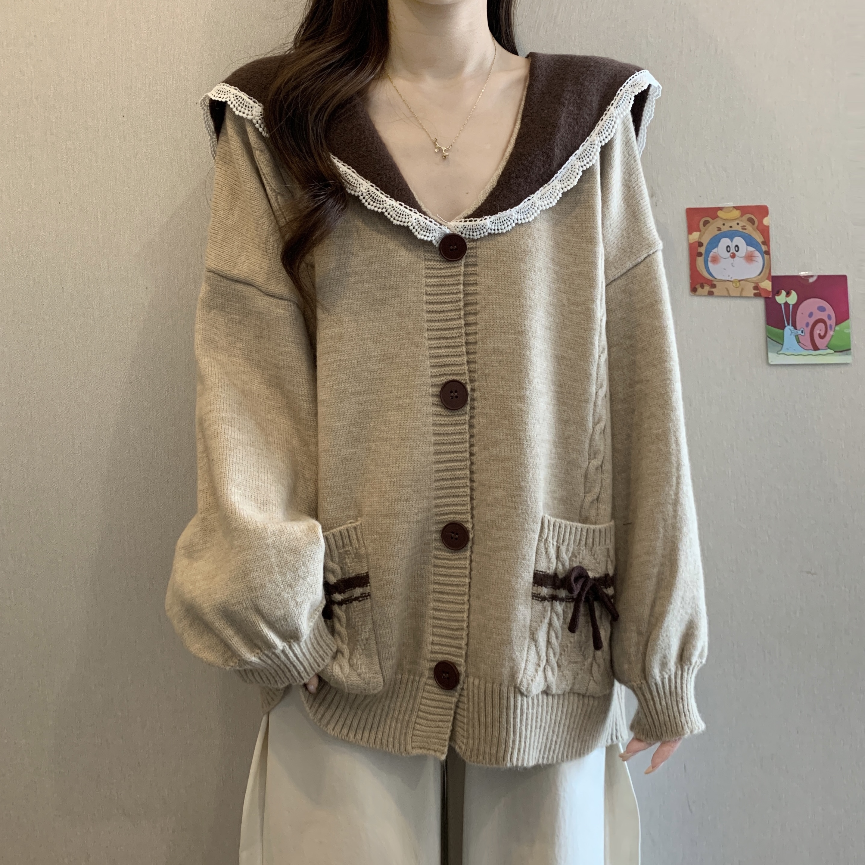 大码女装海军领毛衣开衫女秋冬季新款慵懒风宽松显瘦休闲百搭上衣