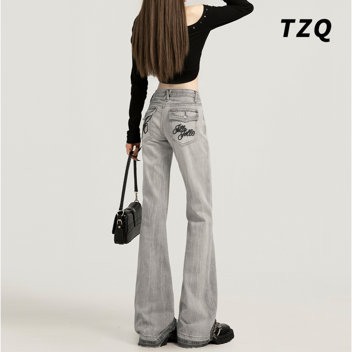 高街辣妹低腰微喇毛边牛仔裤女2025新款刺绣做旧拖地长裤TZQ91272