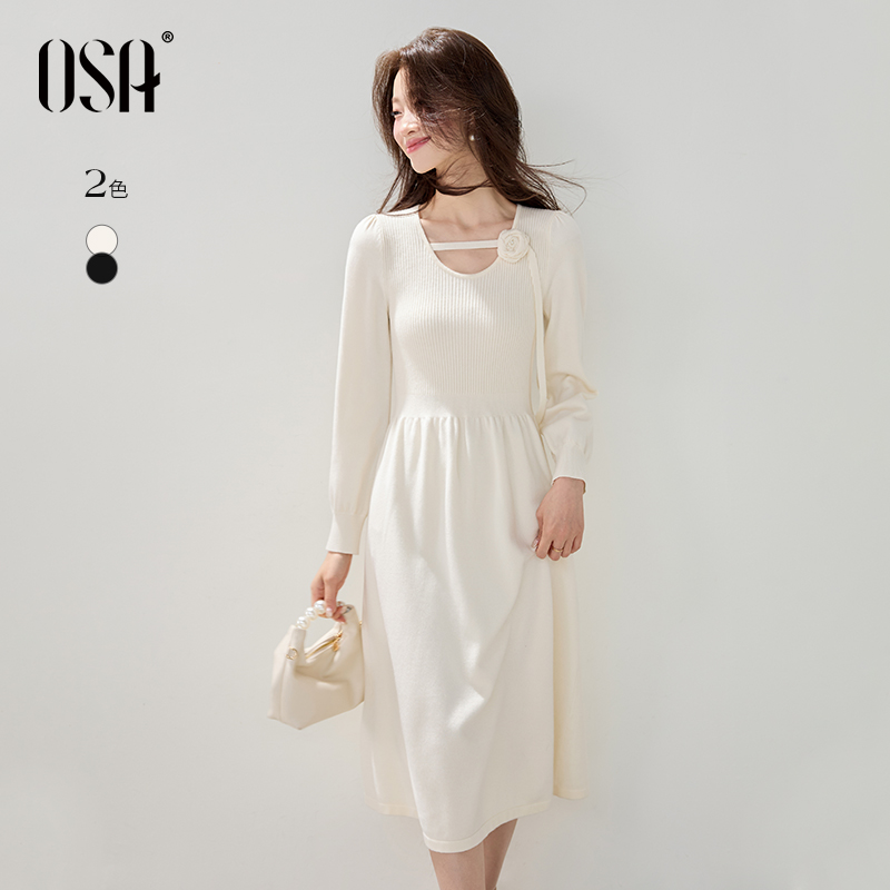 OSA/欧莎 法式方领小黑裙女收腰显瘦泡泡袖连衣裙长裙S125D13003