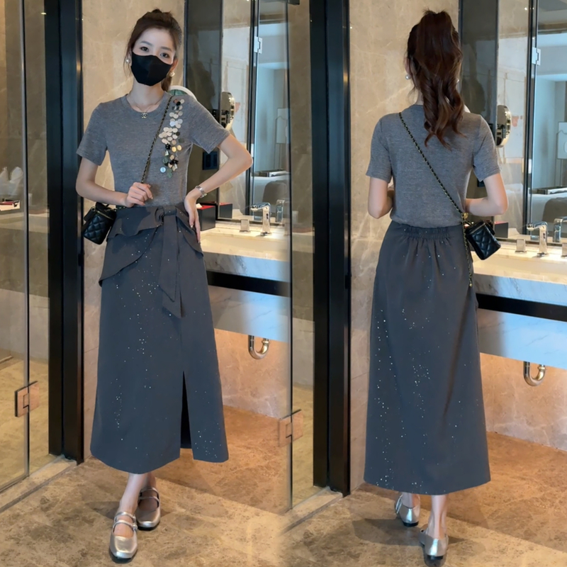 2025气质设计感套装女夏季新款亮片短袖上衣开叉半身裙套装