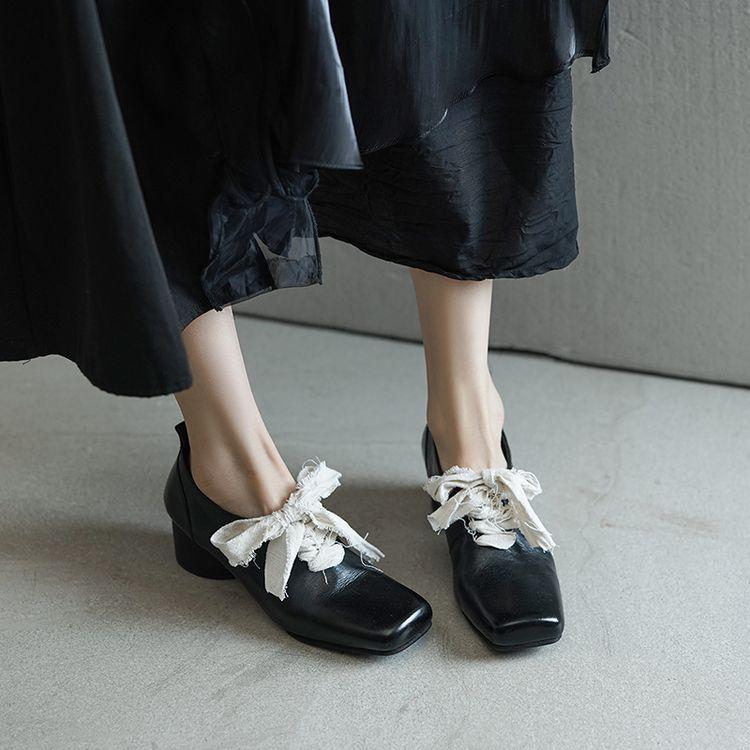 法式舒适复古方头芭蕾舞鞋女新款真皮系带单鞋小众设计感高跟鞋