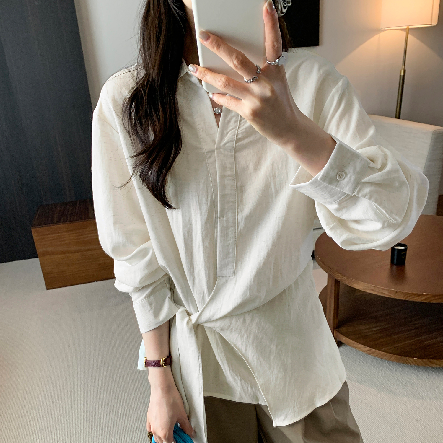 慵懒松弛感宽松长袖白衬衫女2025新款独特漂亮掐腰小衫252016