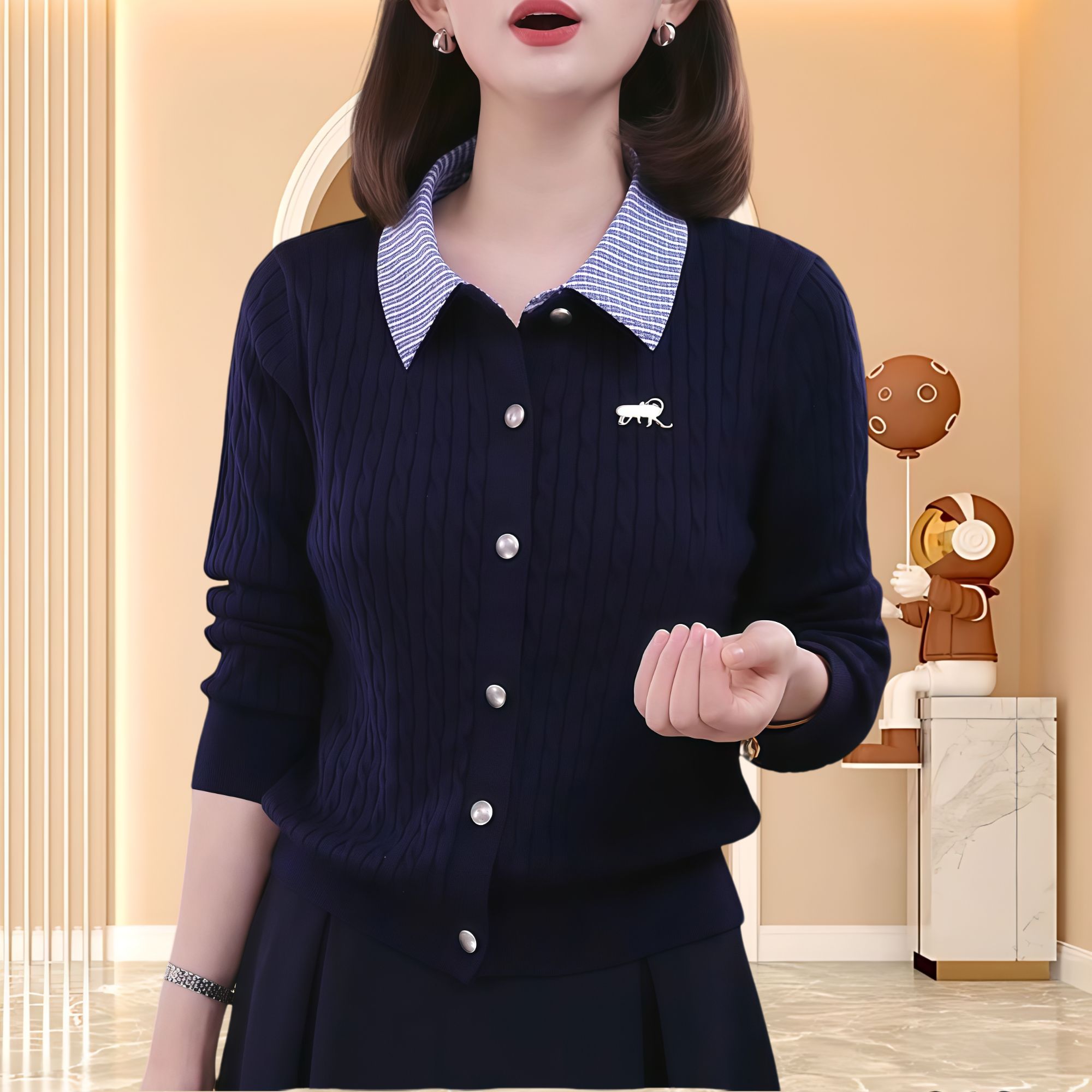 秋冬季新款时尚洋气百搭女装纽扣拼色格纹外套刺绣针织衫时尚上衣