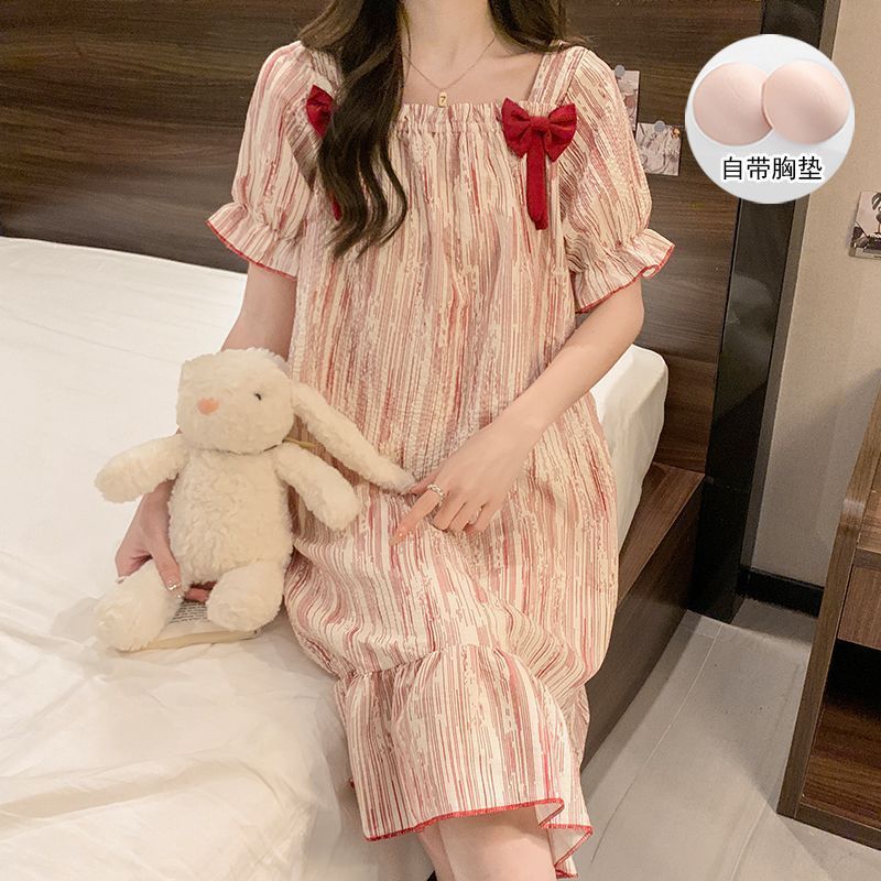 睡衣女夏季薄款带胸垫短袖睡裙中长款防凸点甜美今年爆款网红睡衣