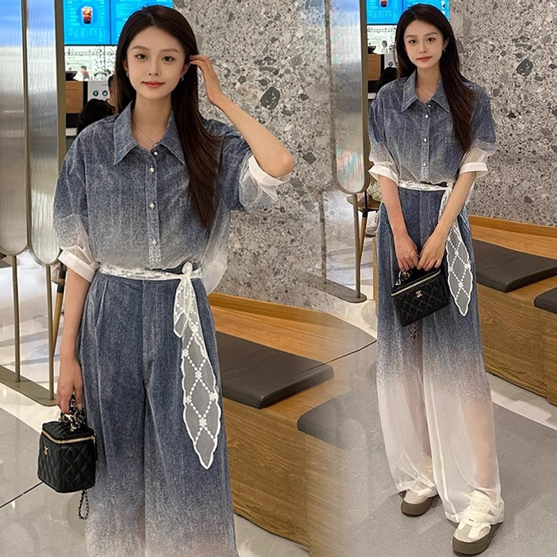 时尚套装女2025夏季新款洋气炸街渐变色短袖上衣阔腿裤气质两件套