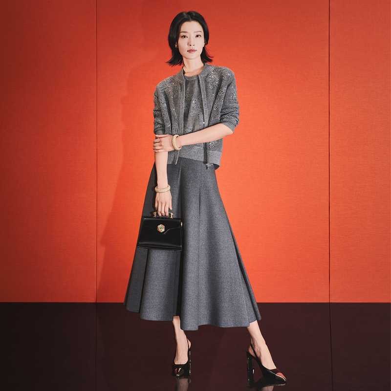 [杜鹃同款]EP雅莹高端系列 羊毛羊绒混纺高腰A摆压褶半裙3420A