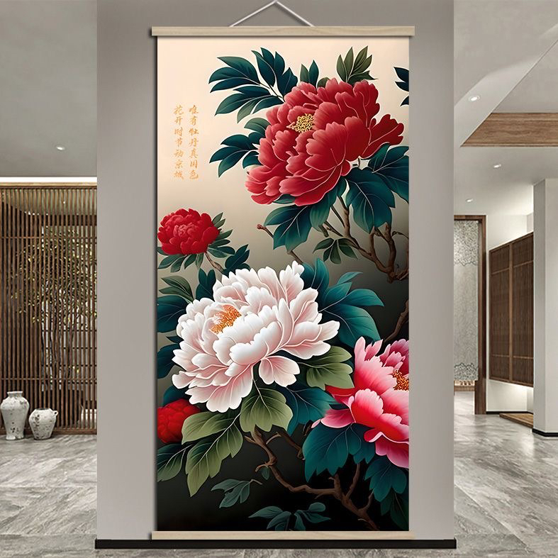 牡丹图花开富贵卷轴画中式客厅卧室玄关装饰画定制